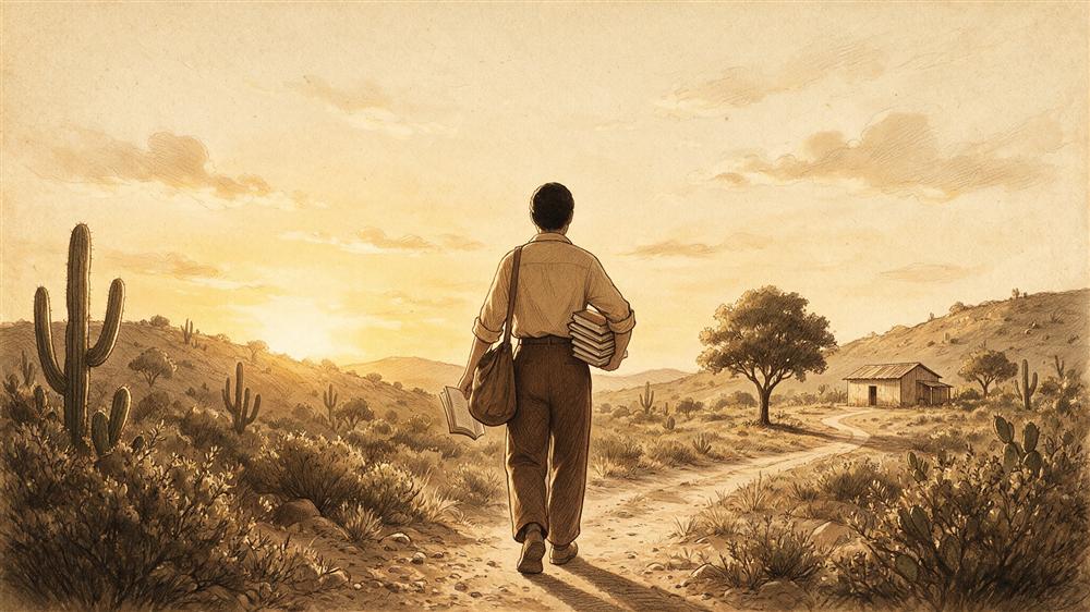 Ilustração de um educador caminhando em paz com um livro nas mãos, ao amanhecer